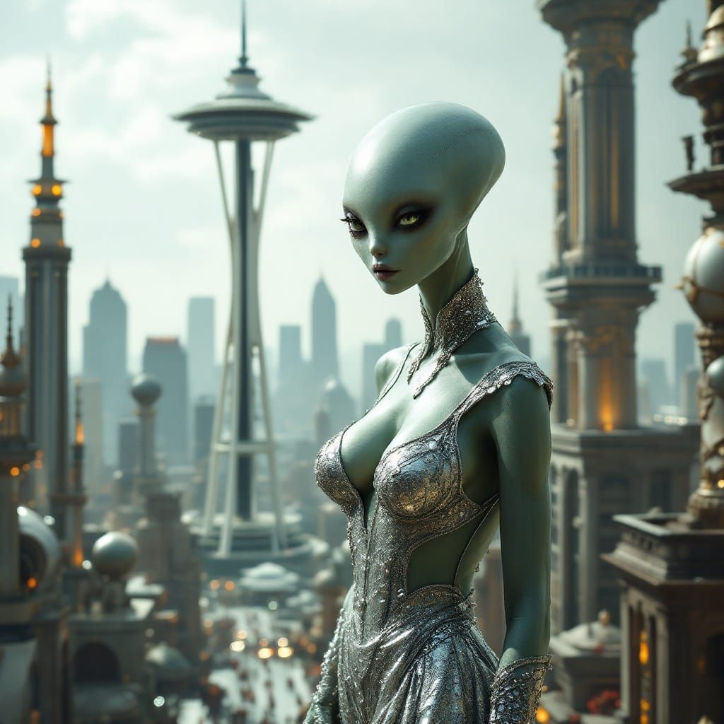 Ethereal Alien Goddess in Futuristic Metropolis