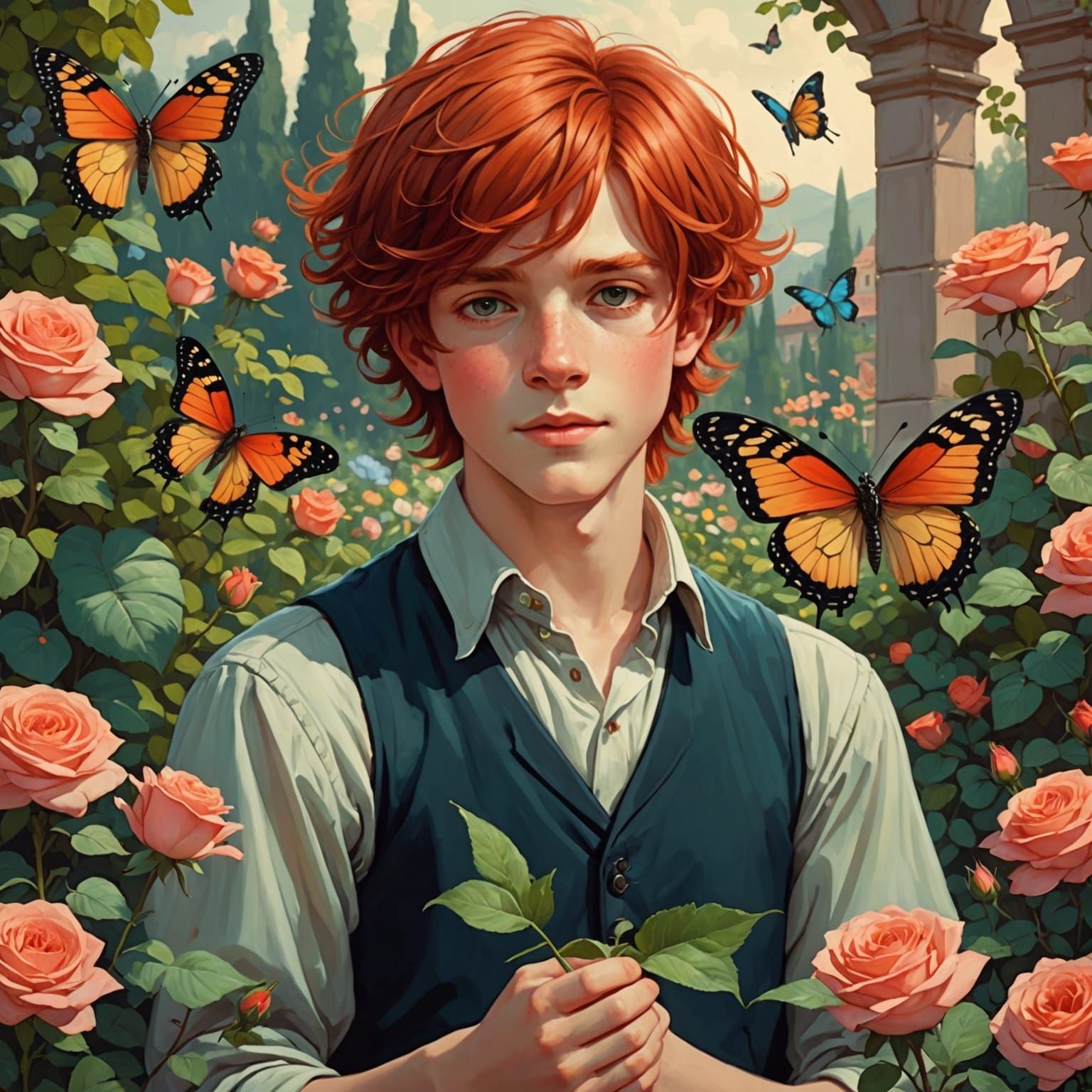 Boy in Rose Garden with Butterflies, Anime Style