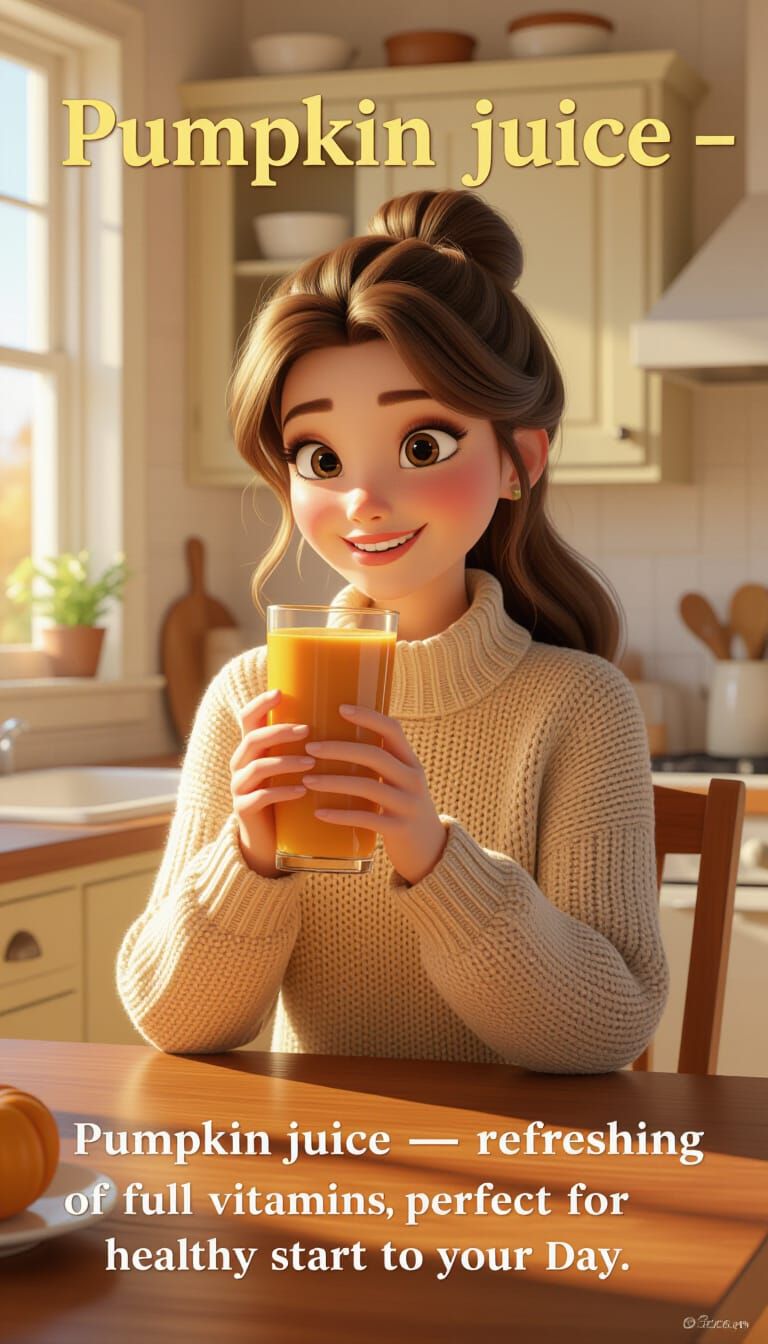 Cozy Pixar-Style Kitchen Scene with Pumpkin Juice