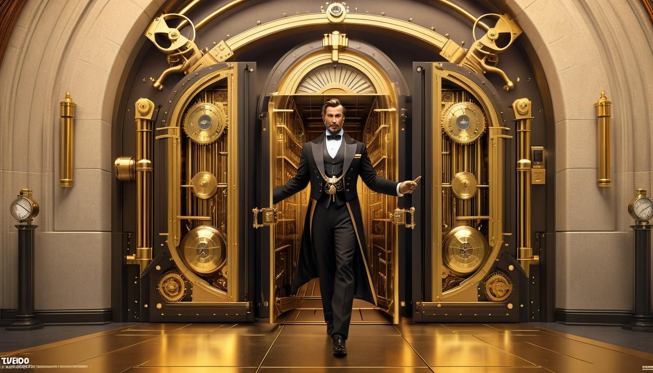 Steampunk Banker Receives Gold: Detailed Dark Fantasy Art