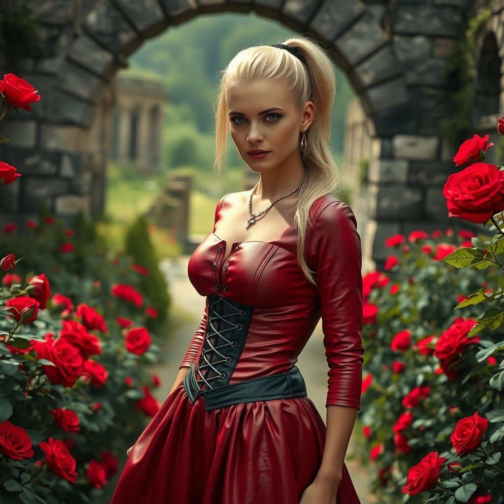 Woman in Red Dress Posing in Rose Garden