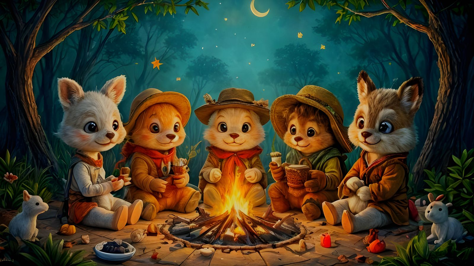 Whimsical Safari Animals Telling Campfire Stories