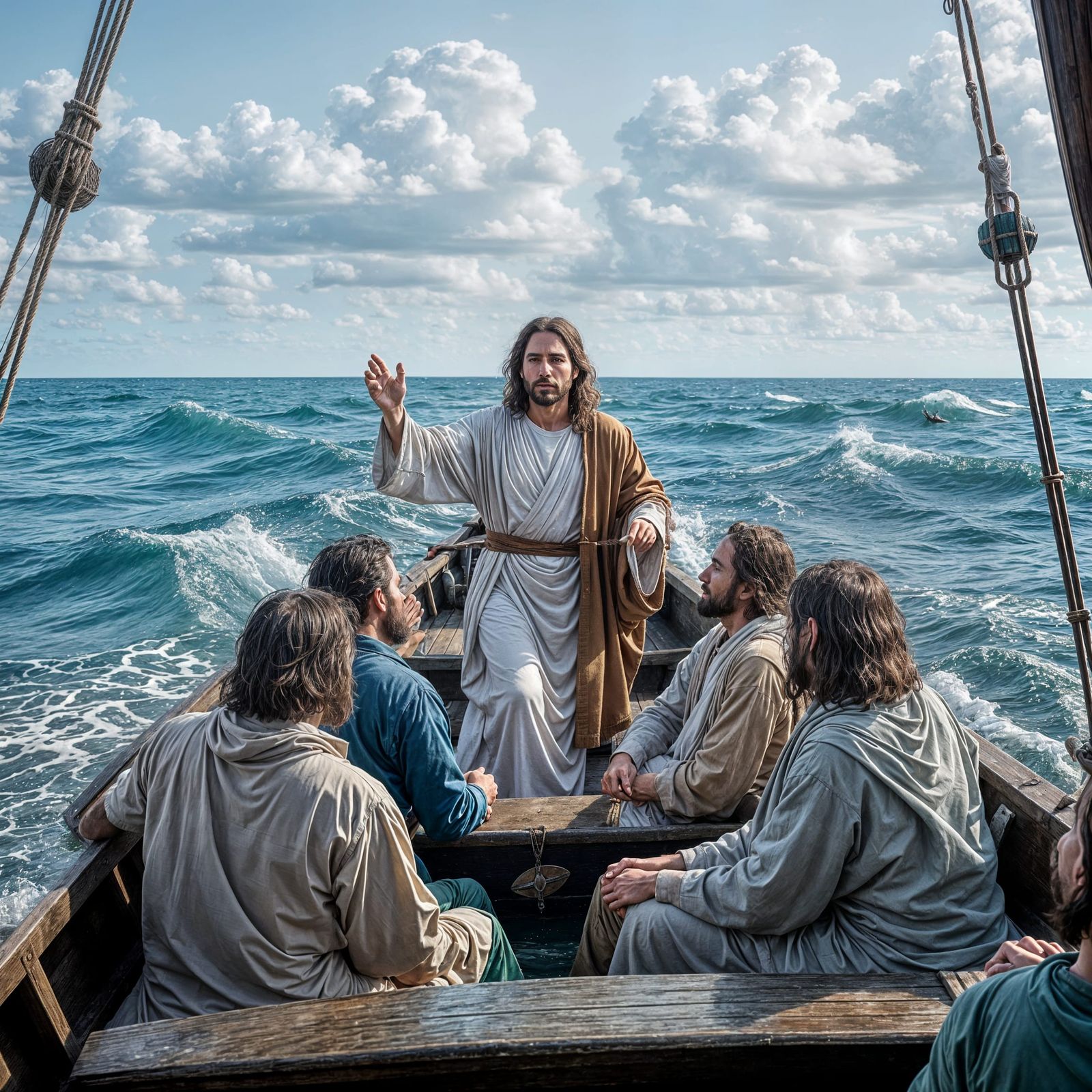 Jesus Calms the Stormy Sea with Disciples