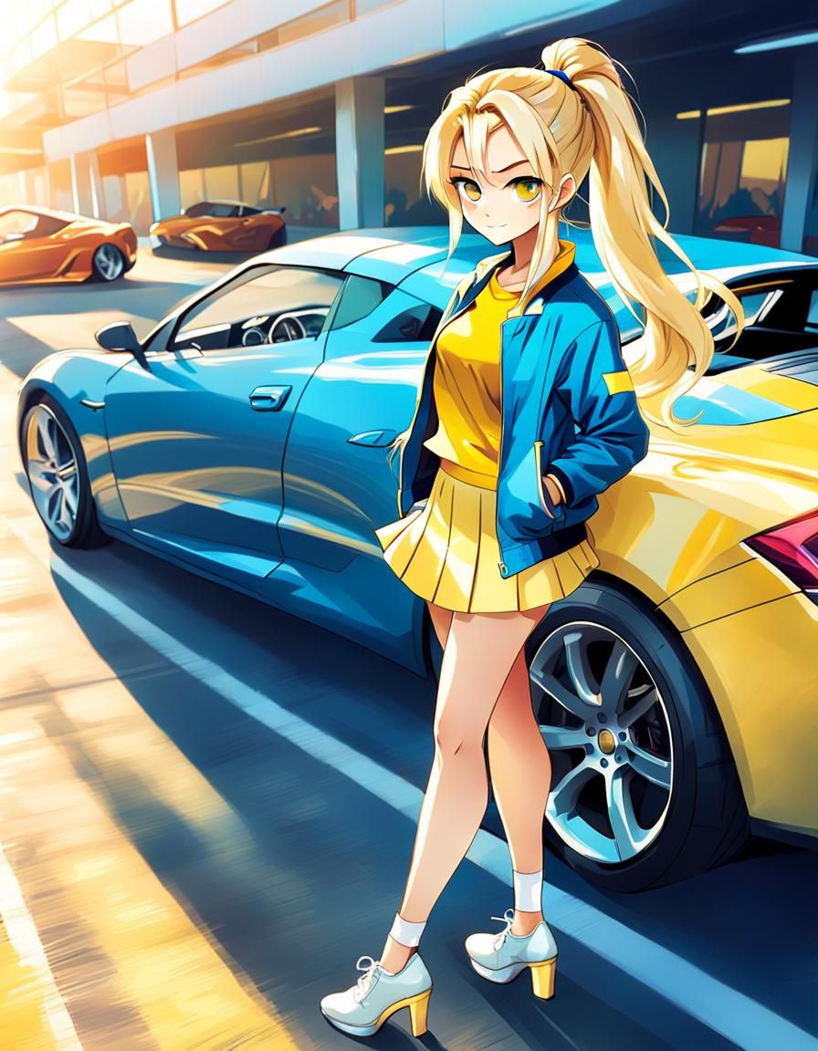 Blonde Girl in Manga Style at Sports Car