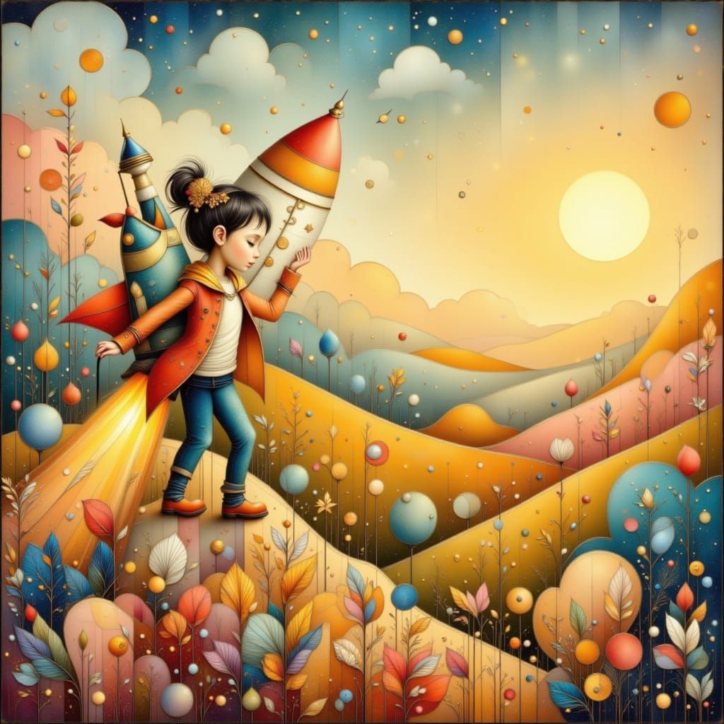 A whimsical painting of a child launching a homemade rocket ...