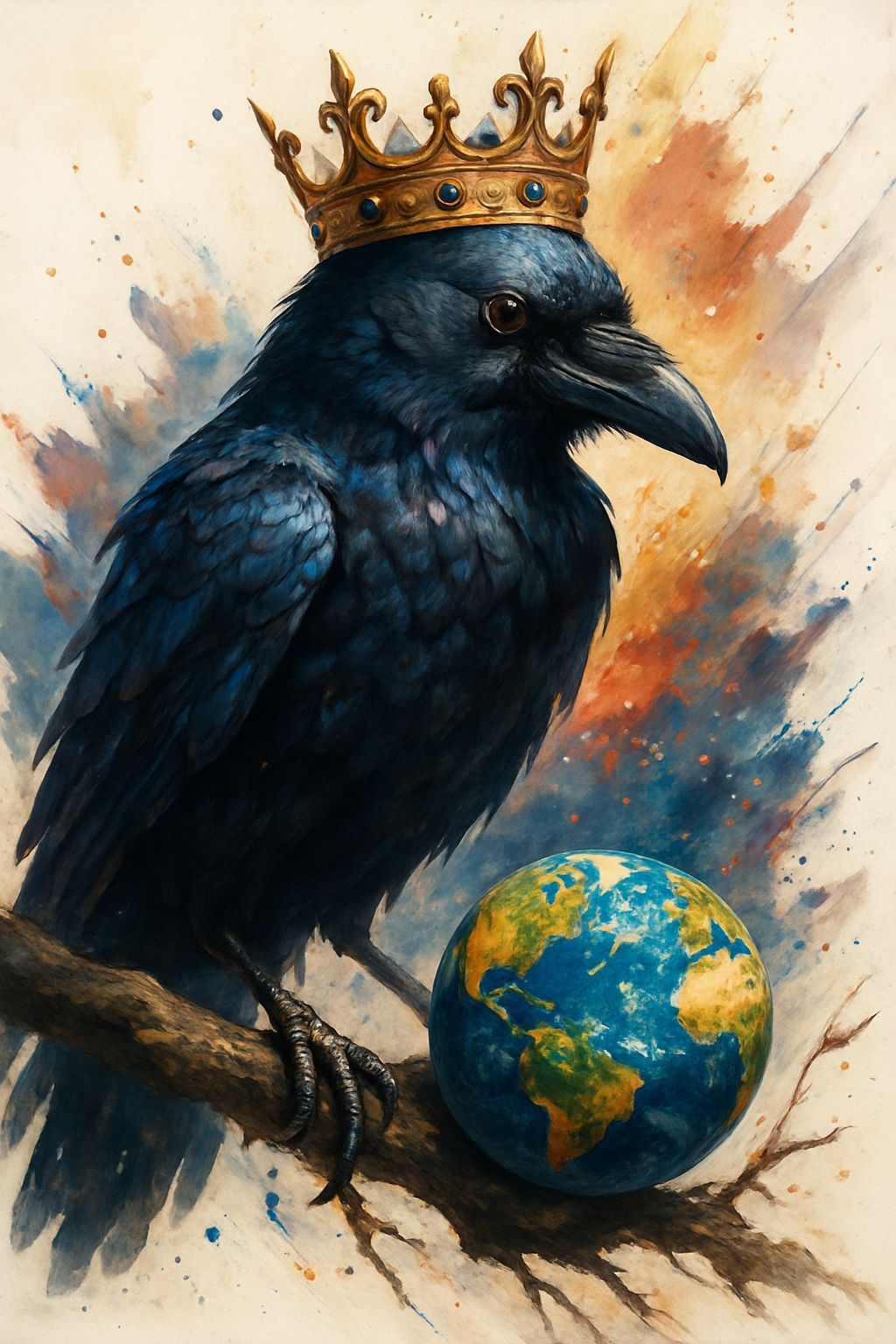 Majestic Crow Wearing a Crown in Hyperrealistic Style