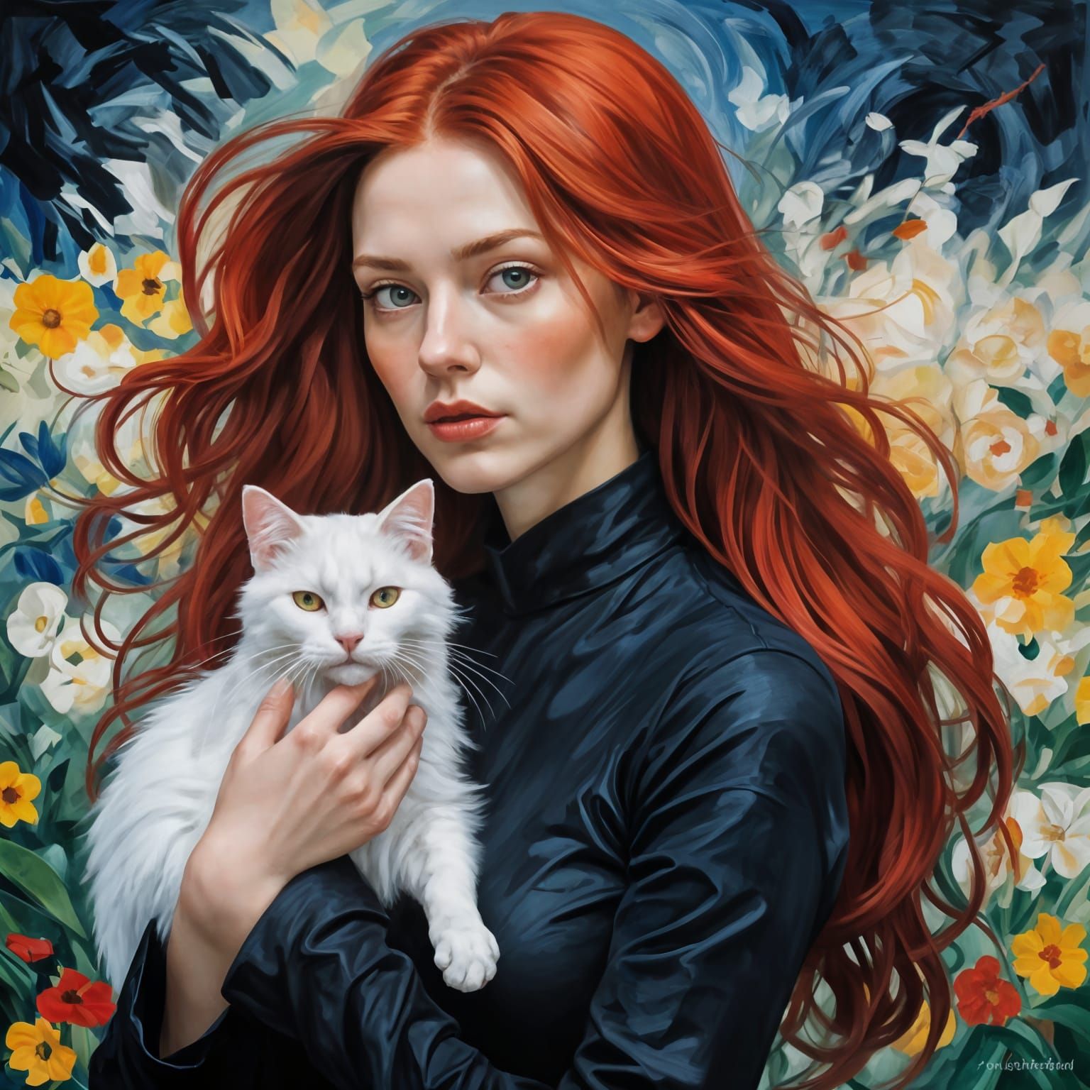 Vibrant Red-Haired Woman with White Cat in Neo-Expressionist...