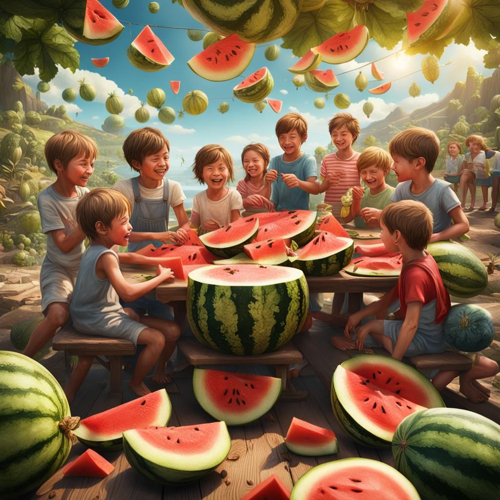 Family Enjoying Watermelons on a Summer Afternoon