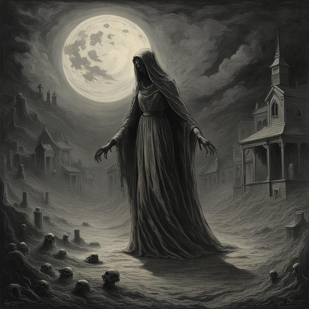 Ethereal Ghost Woman in Haunting Engraving Style