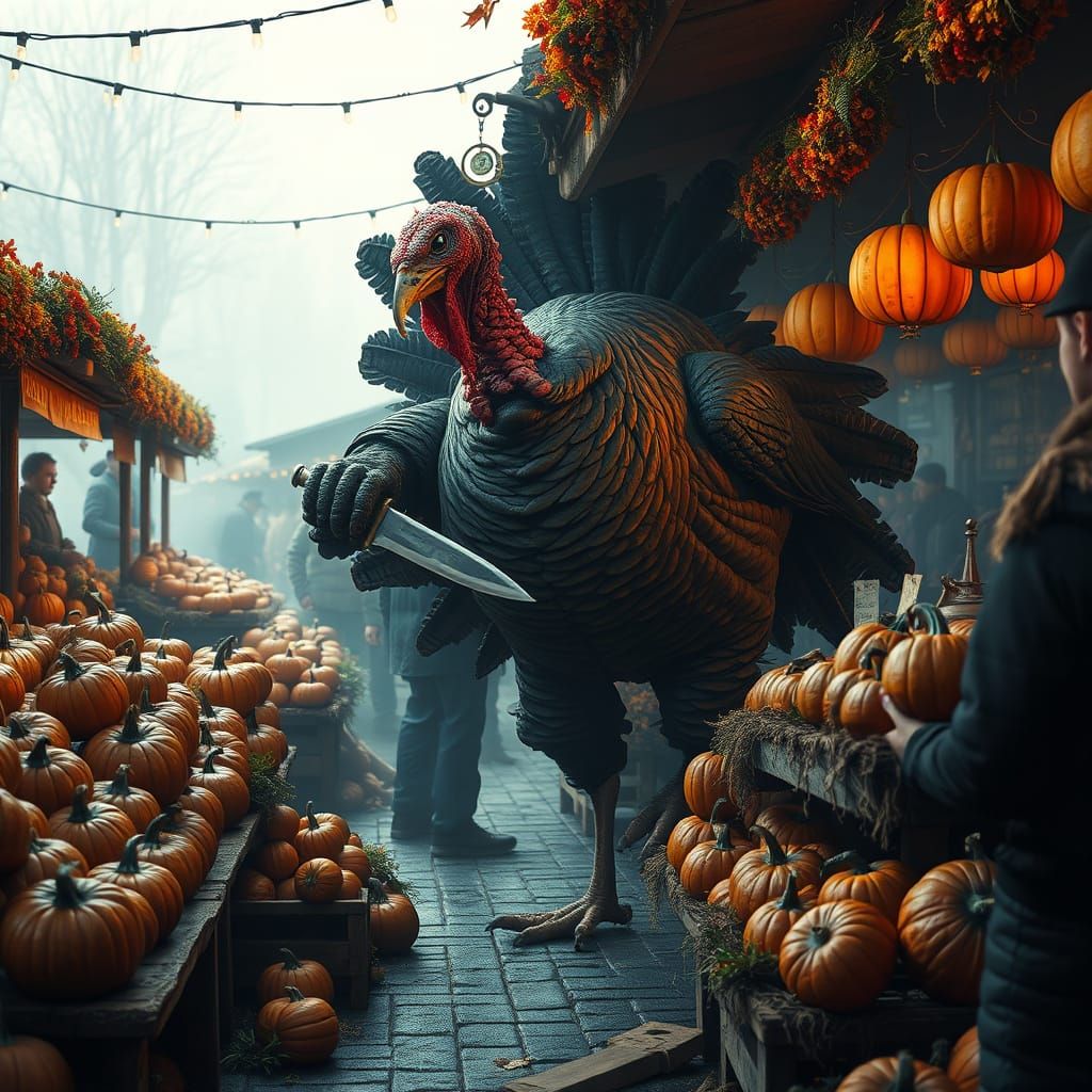 Giant Turkey Attacks Thanksgiving Market in Matte Painting S...