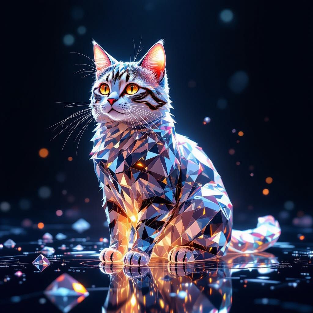 Crystal Cat Emitting Ethereal Light in Dark Setting