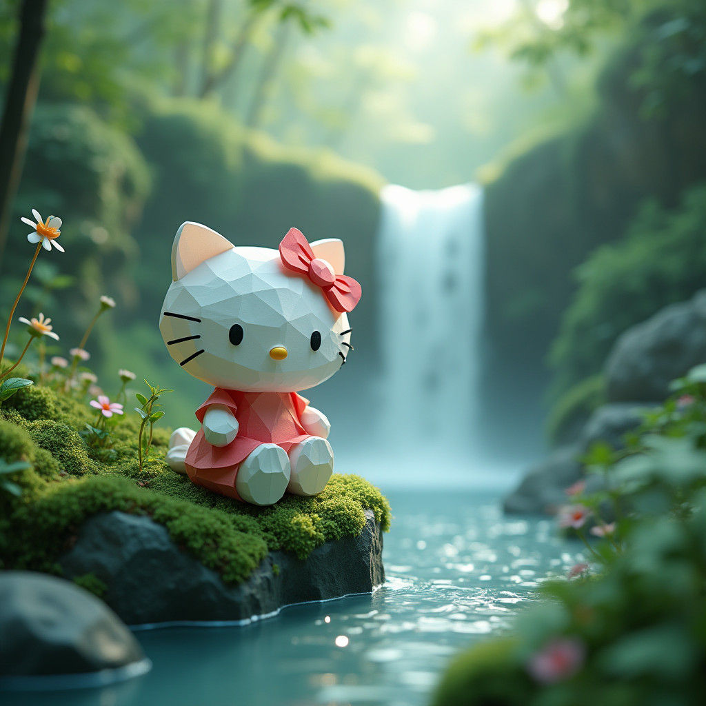 Hello Kitty at Waterfall in Origami Style