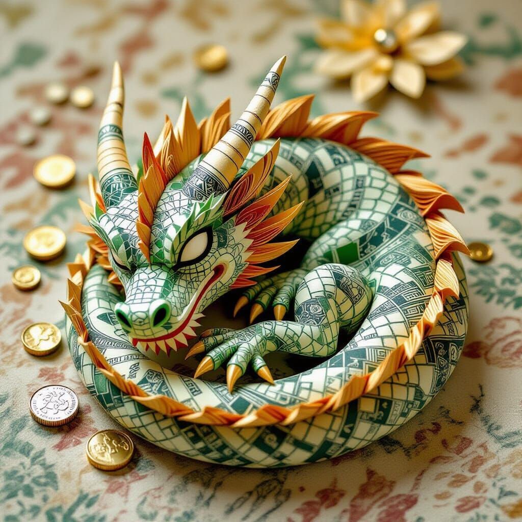Whimsical Paper Craft Dragon with Dollar Bills