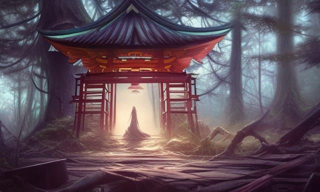 Haunted Japanese Pagoda in Kawaiicore Evil Forest