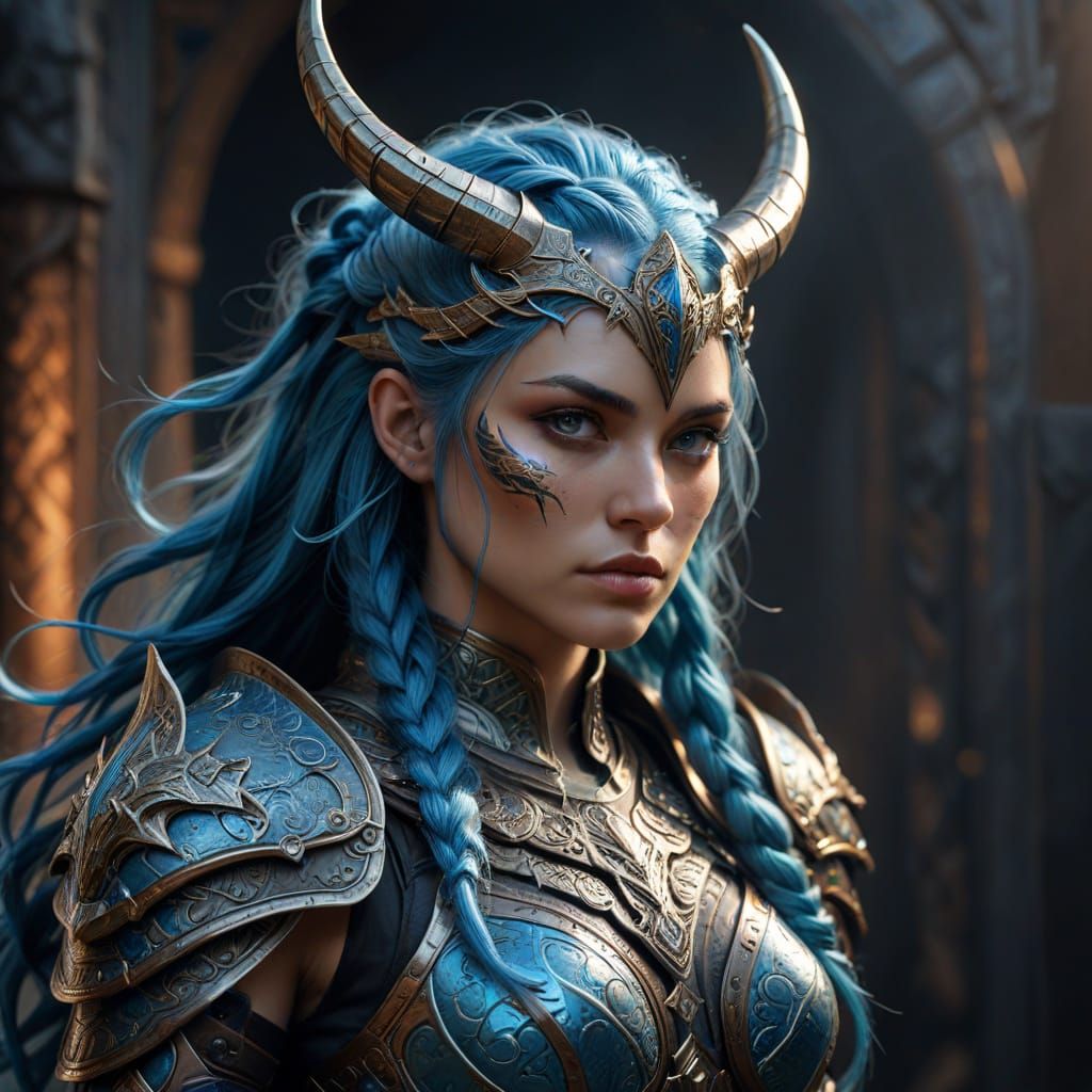 Majestic Warrior Woman with Blue Hair and Horns