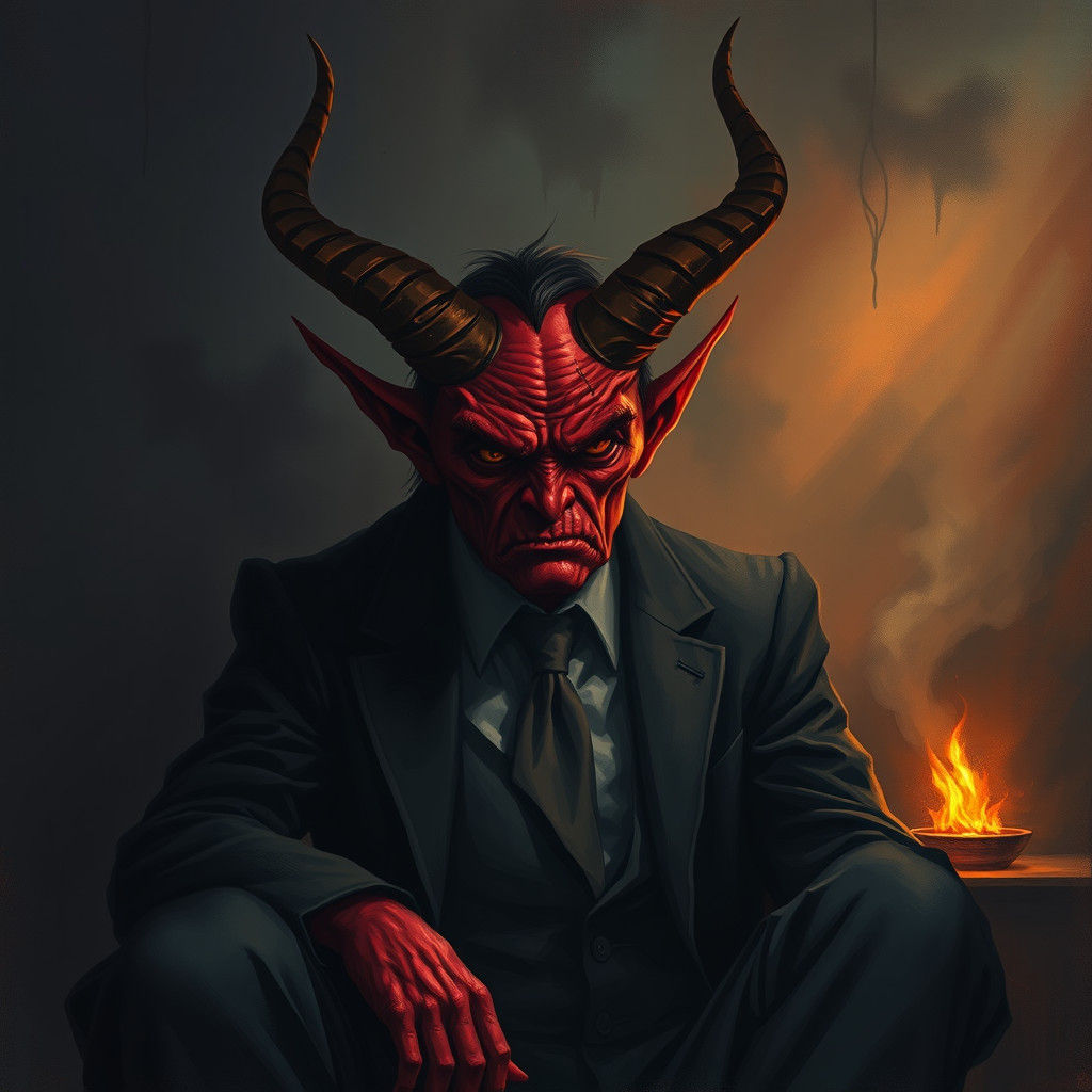 Frustrated Demon in Shadowy, Smoke-Filled Room