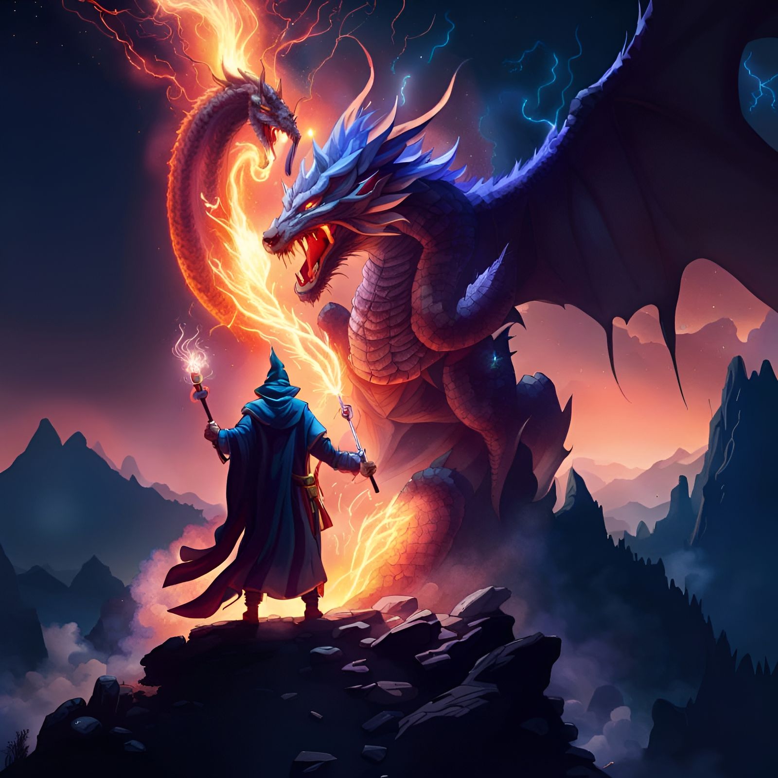 Wizard Battles Dragon in Fiery Landscape