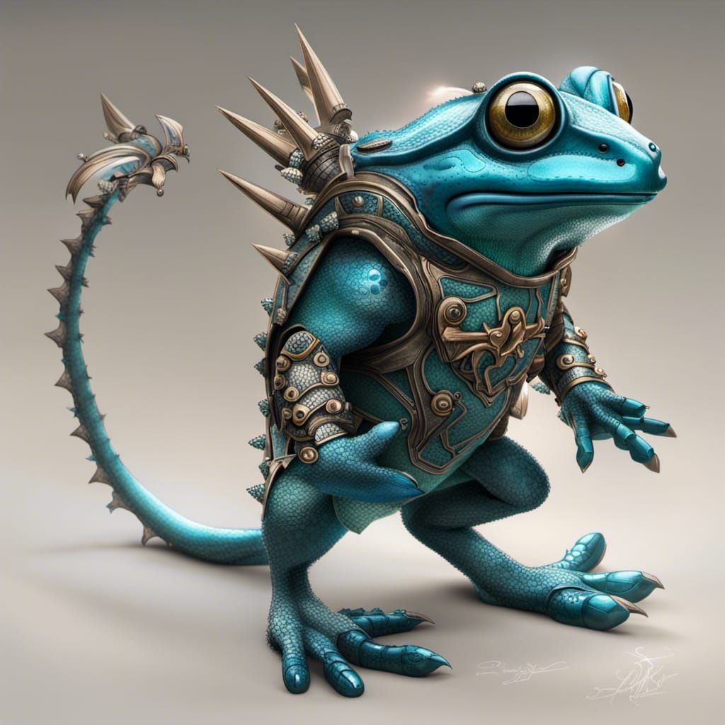 Armored Teal Frog Creature in Hyperrealistic Style