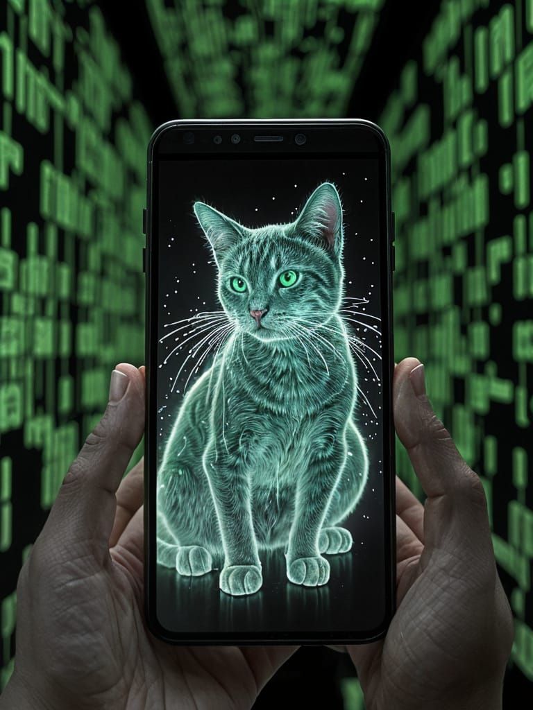 Neon Cat in Green Matrix Grid, 3D Rendering, Double Exposure...