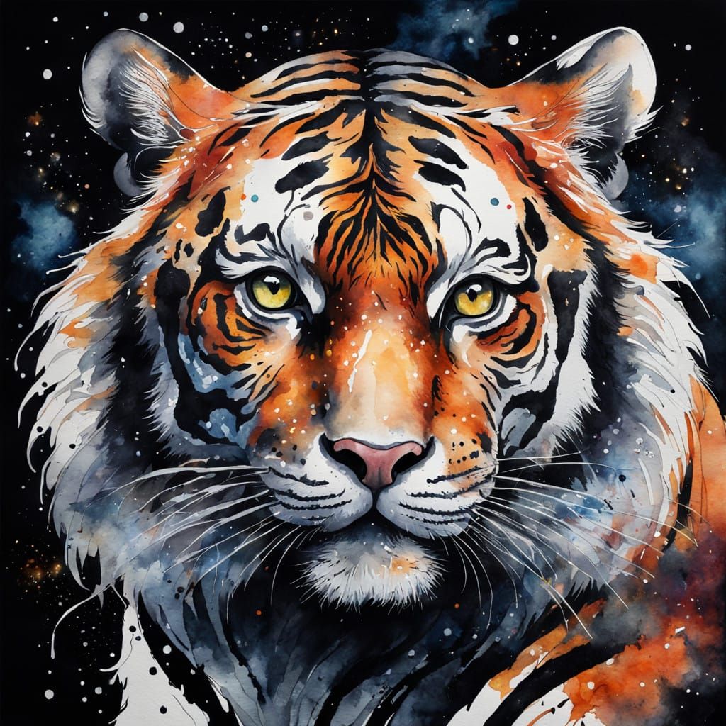 Cosmic Tiger Portrait in Watercolor and Ink on Black Velvet