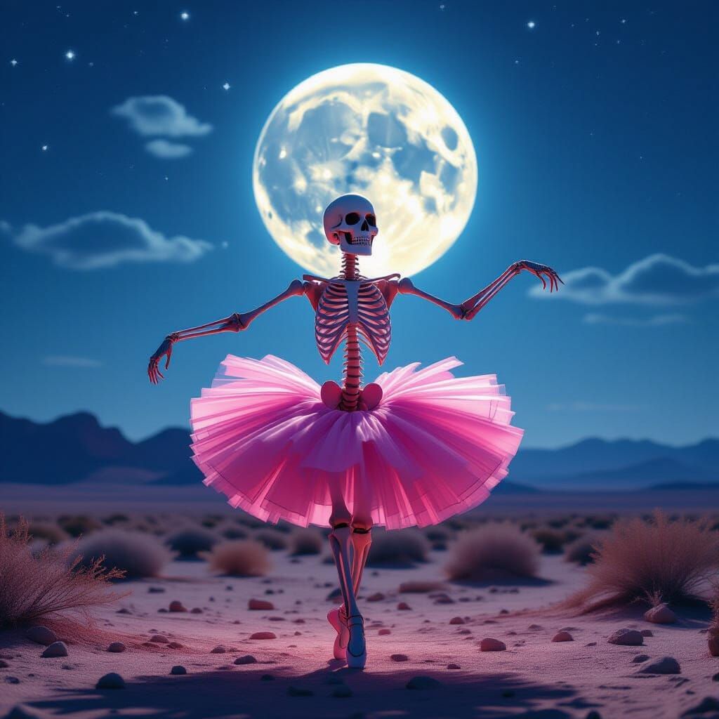 Skeleton Dances Under Full Moon in Pink Tutu