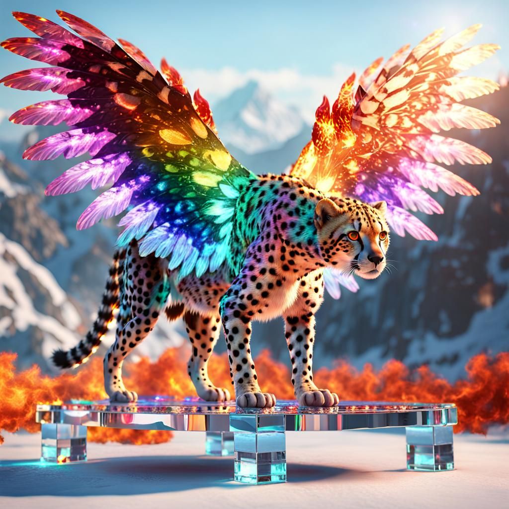 Fiery Rainbow Cheetah with Wings on Crystal Platform