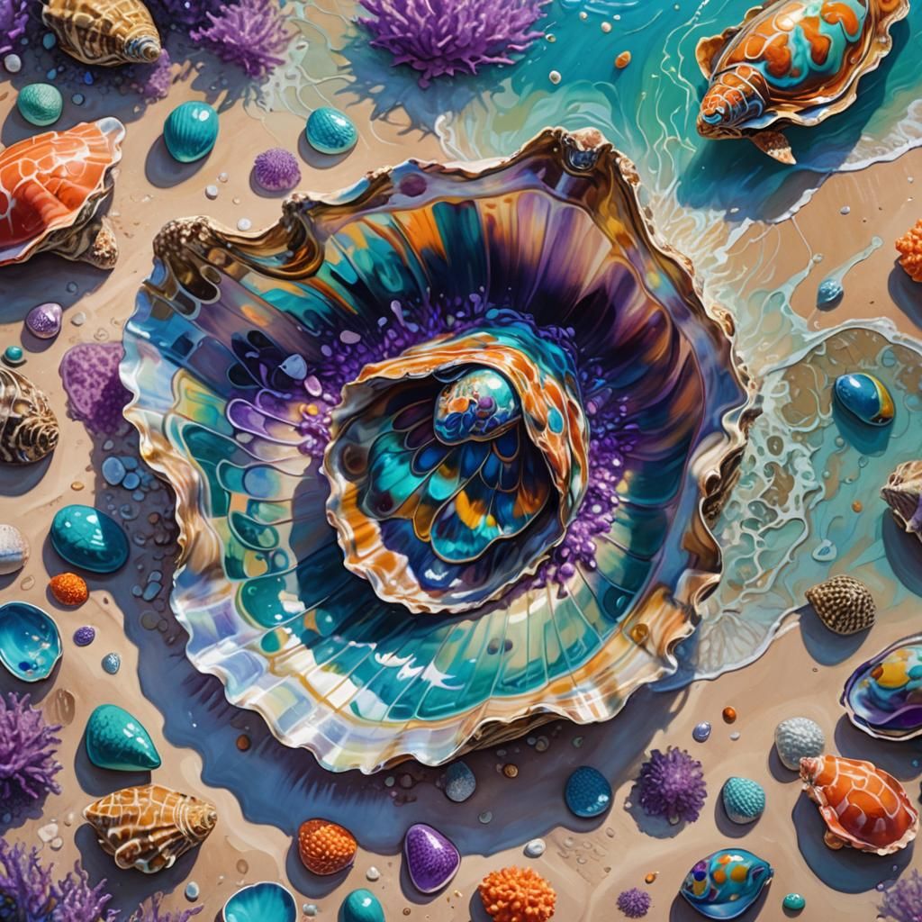 Giant Oyster Shell on Tropical Beach, Fantasy Art