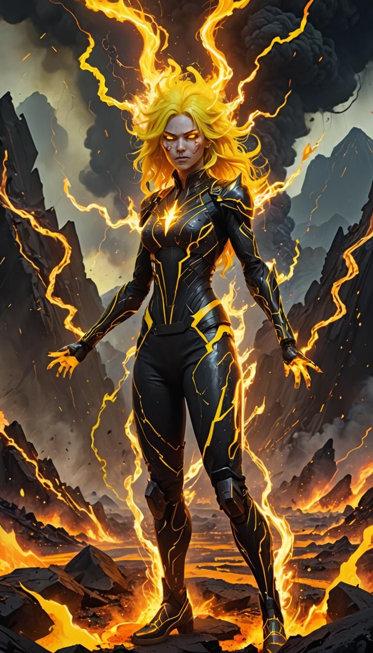 Fire themed female character, long bright yellow hair that seems to crackle with energy, glowing yellow