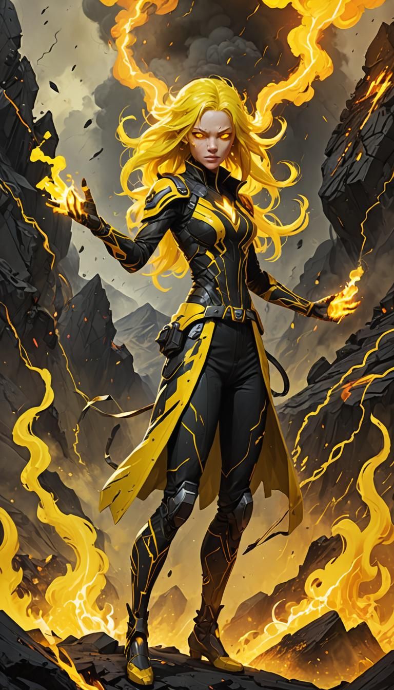 Fire Magic themed female character, long bright yellow hair that seems to crackle with energy, glowing yellow