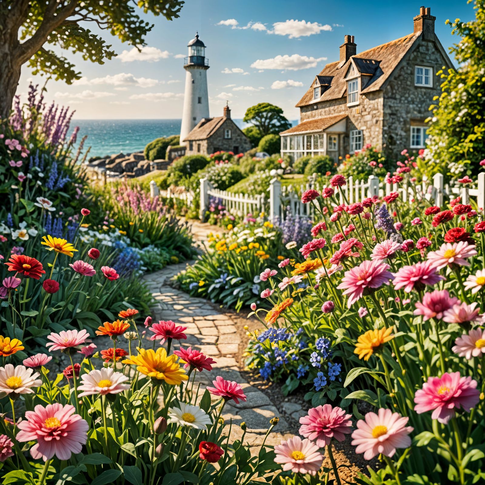 Vivid Summer Garden with Seashore Lighthouse