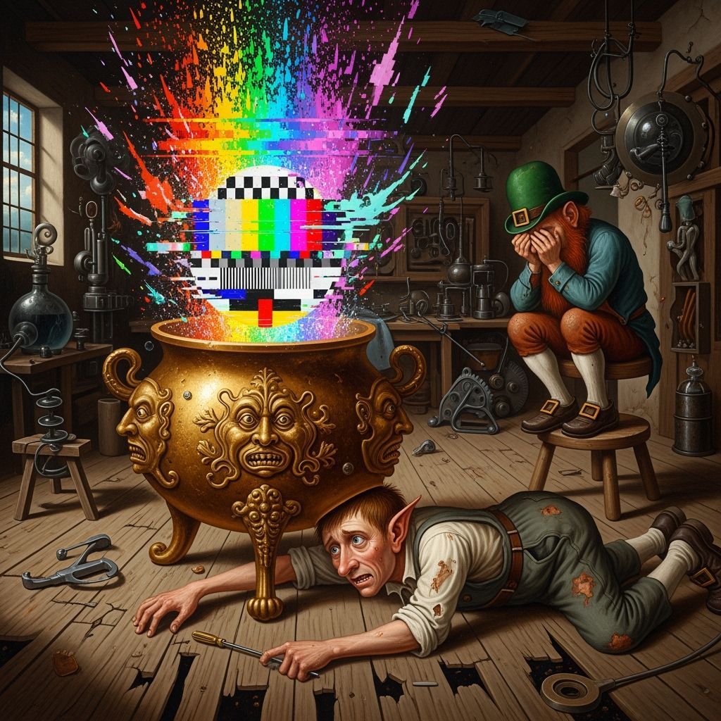 Surreal Oil Painting of a Glitching Rainbow Cauldron