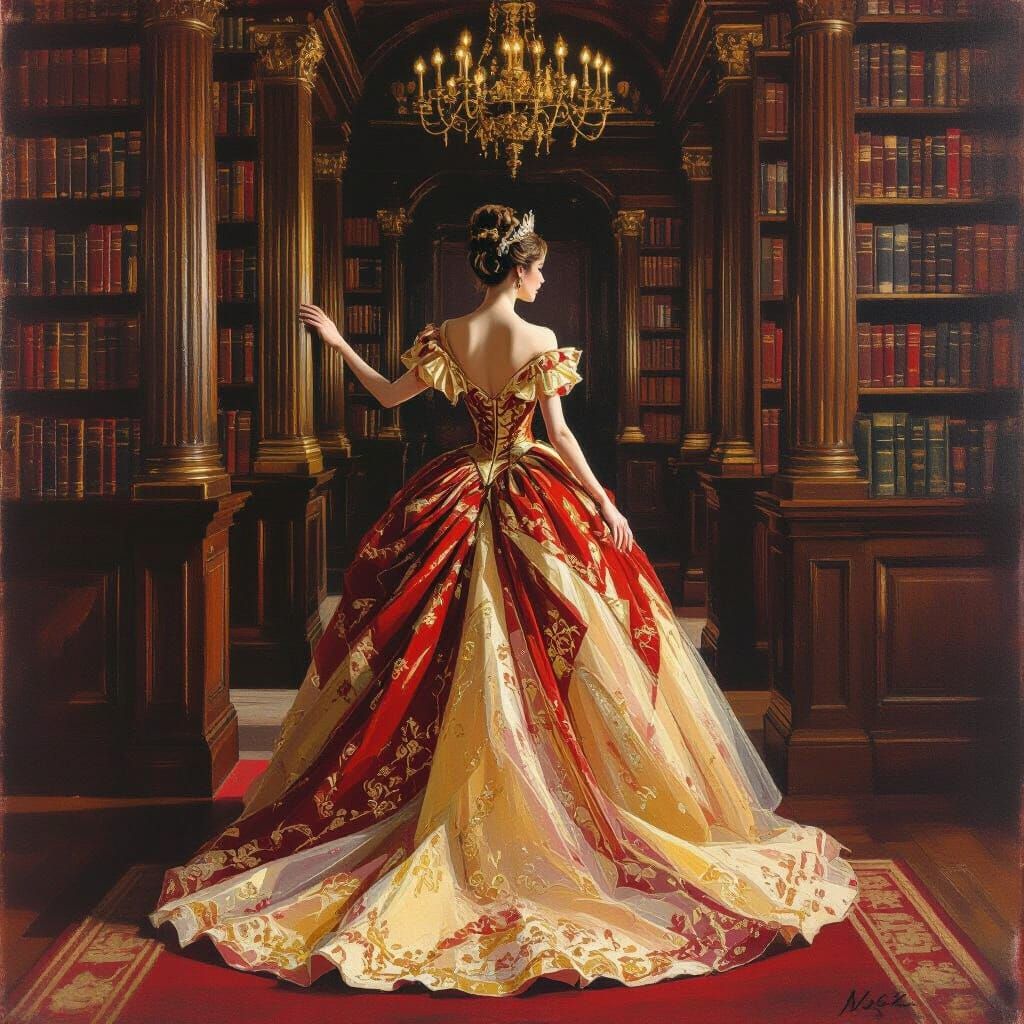 Princess in Ballgown in Velvet Library Oil Pastel Painting