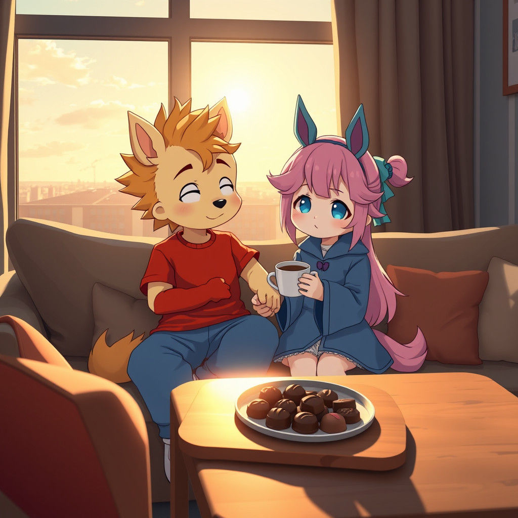 Chibi Furry Siblings in Sun-Kissed Cityscape