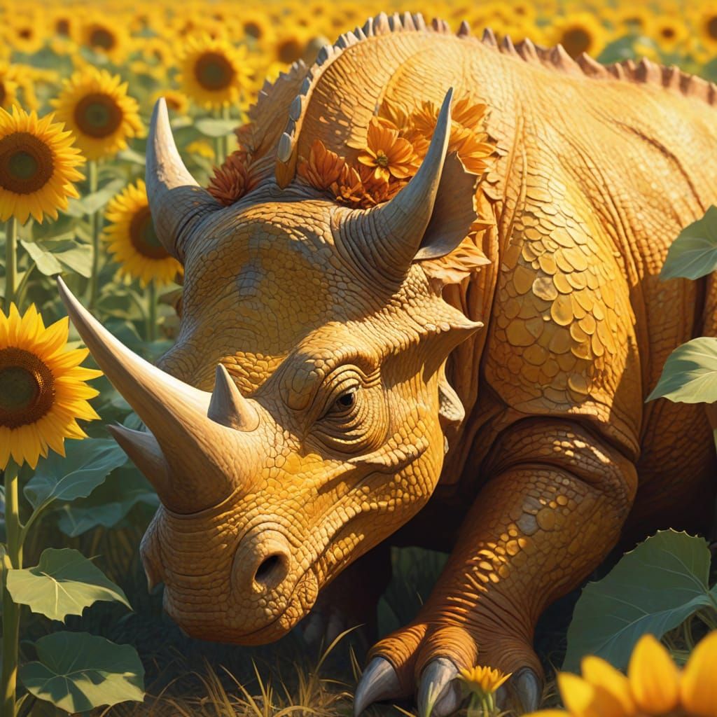 Triceratops Sleeps in Sunflower Field: Impressionist Digital...