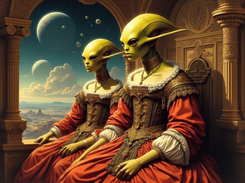 Aliens in Renaissance Style, Classical Oil Painting