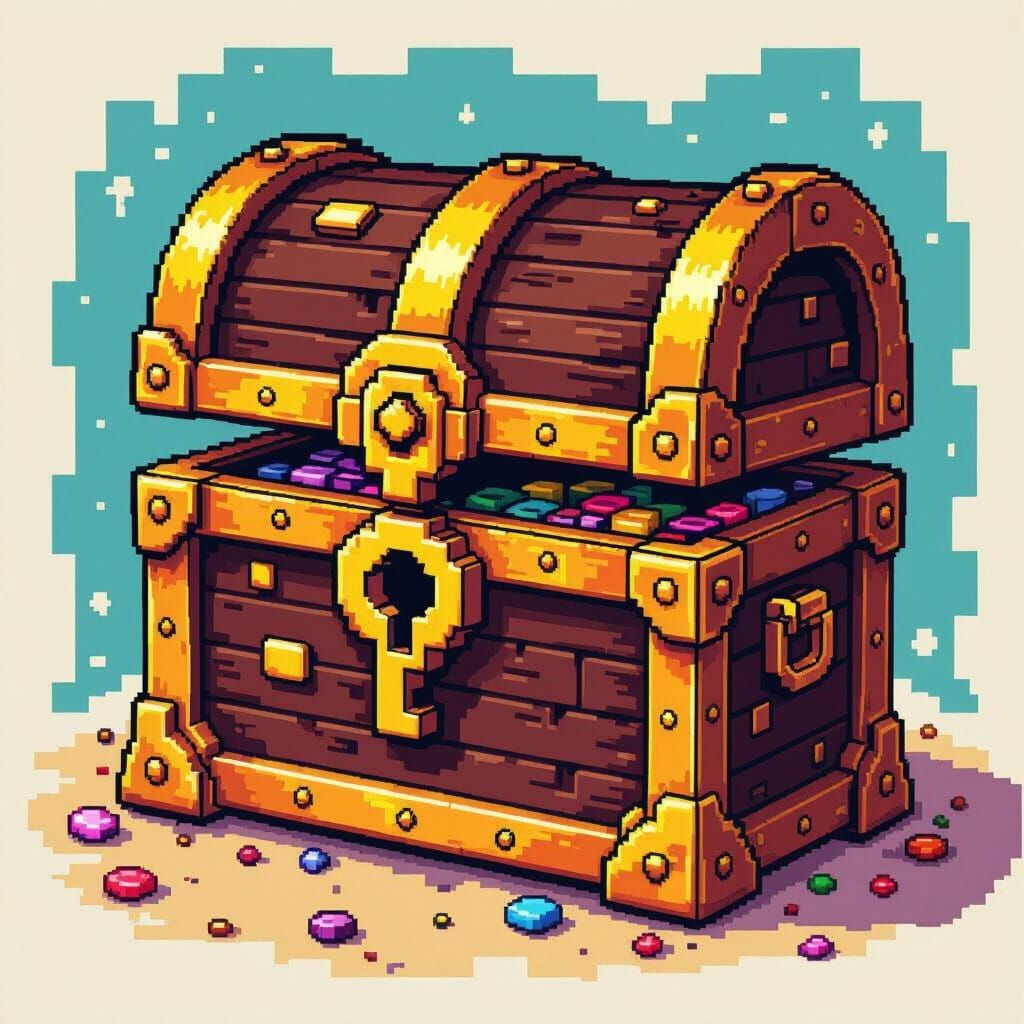 Retro 8-Bit Pixel Art Treasure Chest with Key Symbol