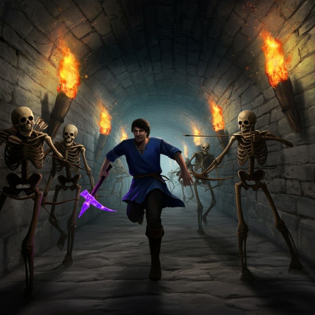 Fleeing a Skeleton Horde in a Dark Tunnel