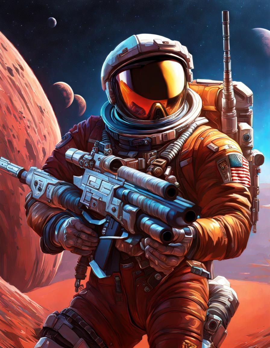 Cyborg with Shotgun in Hyperrealistic Splash Art