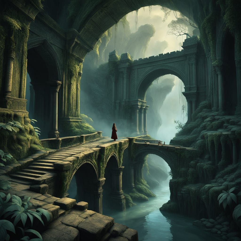 Surreal Young Girl Contemplates Mystical Bridge