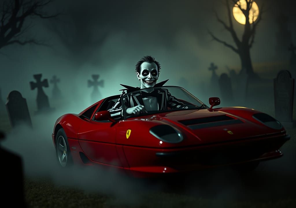 Beetlejuice Drives a Ferrari in Gothic Graveyard