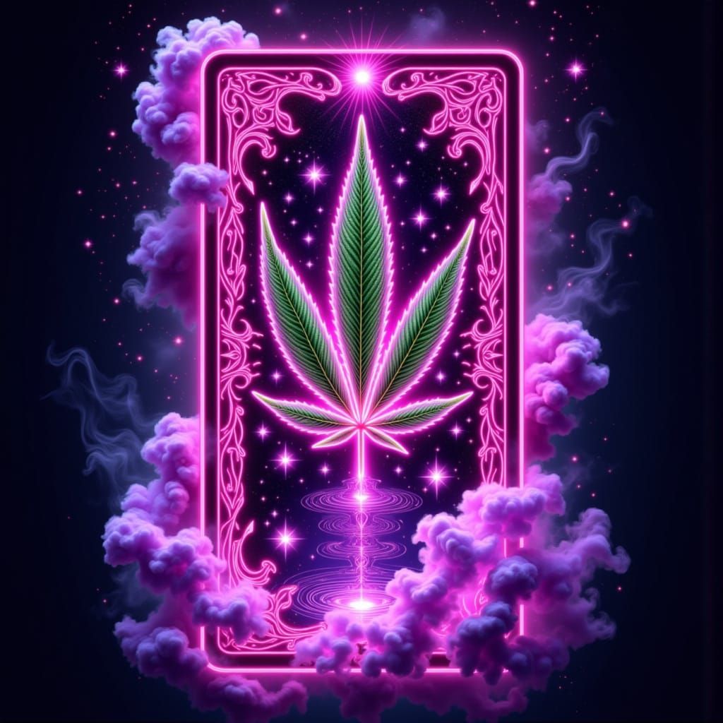 Mystical Tarot Card with Glowing Cannabis Leaf