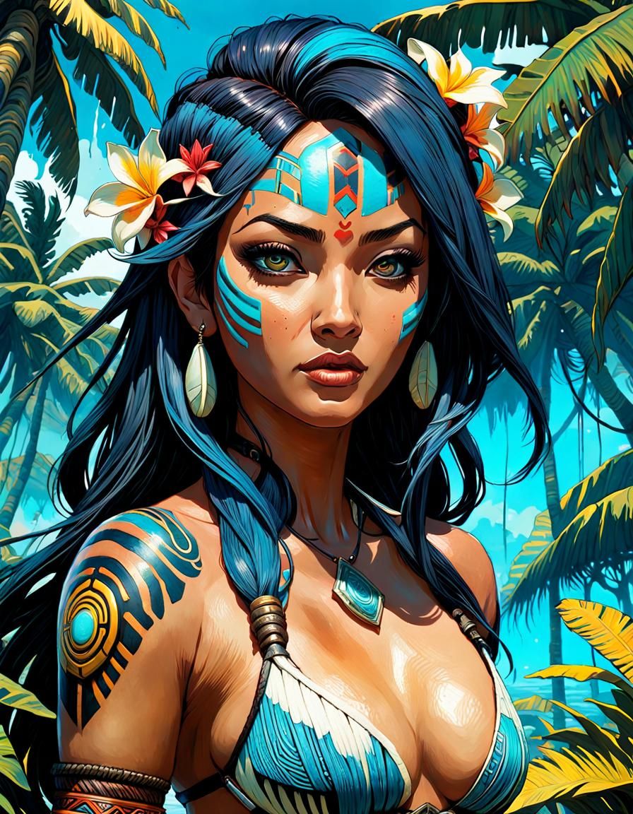 Polynesian Girl Portrait in Hyperdetailed Gouache Style