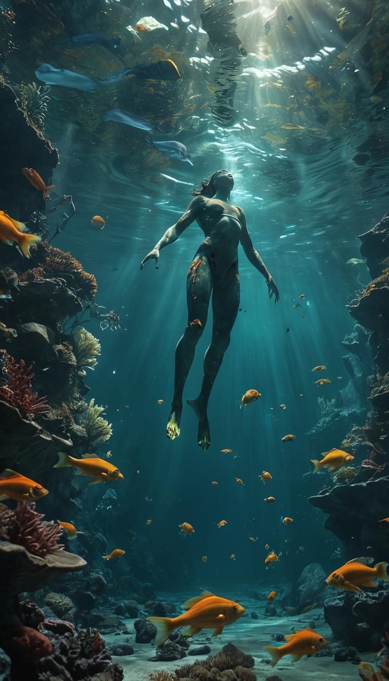 A human figure gracefully swimming in a vibrant underwater s...