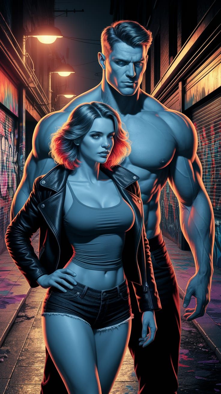 Curvy Woman in Graffiti Alley Under Streetlights