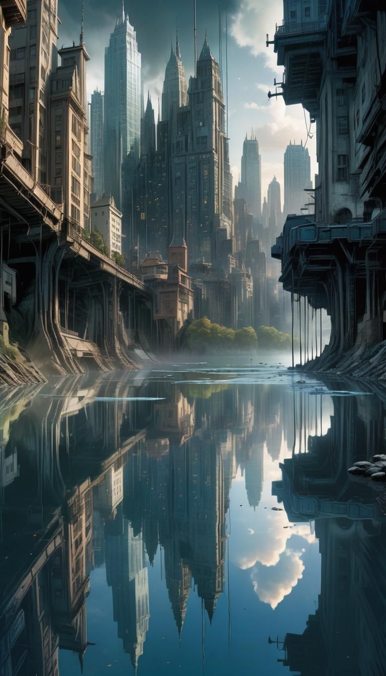 City Reflected in Lake: Comic Book Style Masterpiece