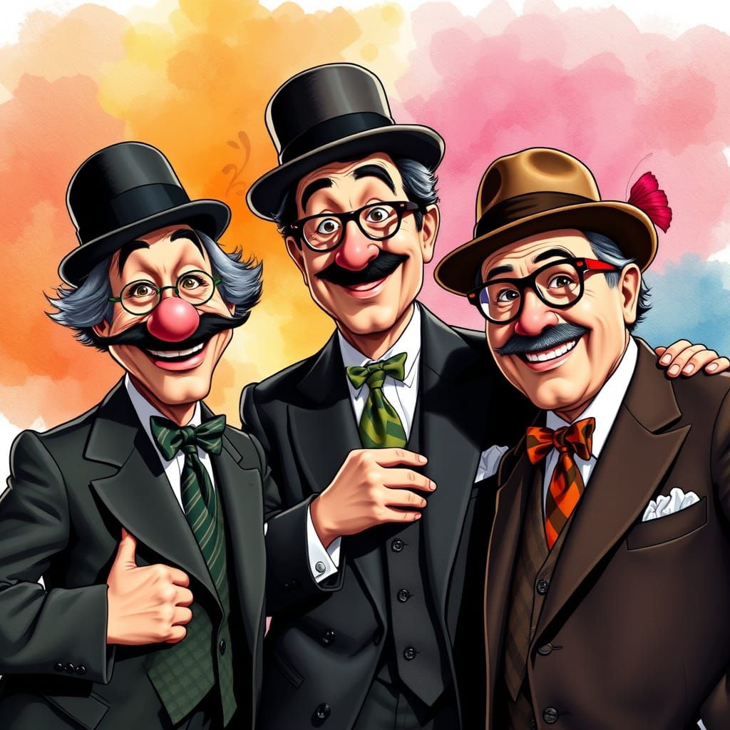 Groucho, Harpo and Chico Marx, publicity shot in water colou...