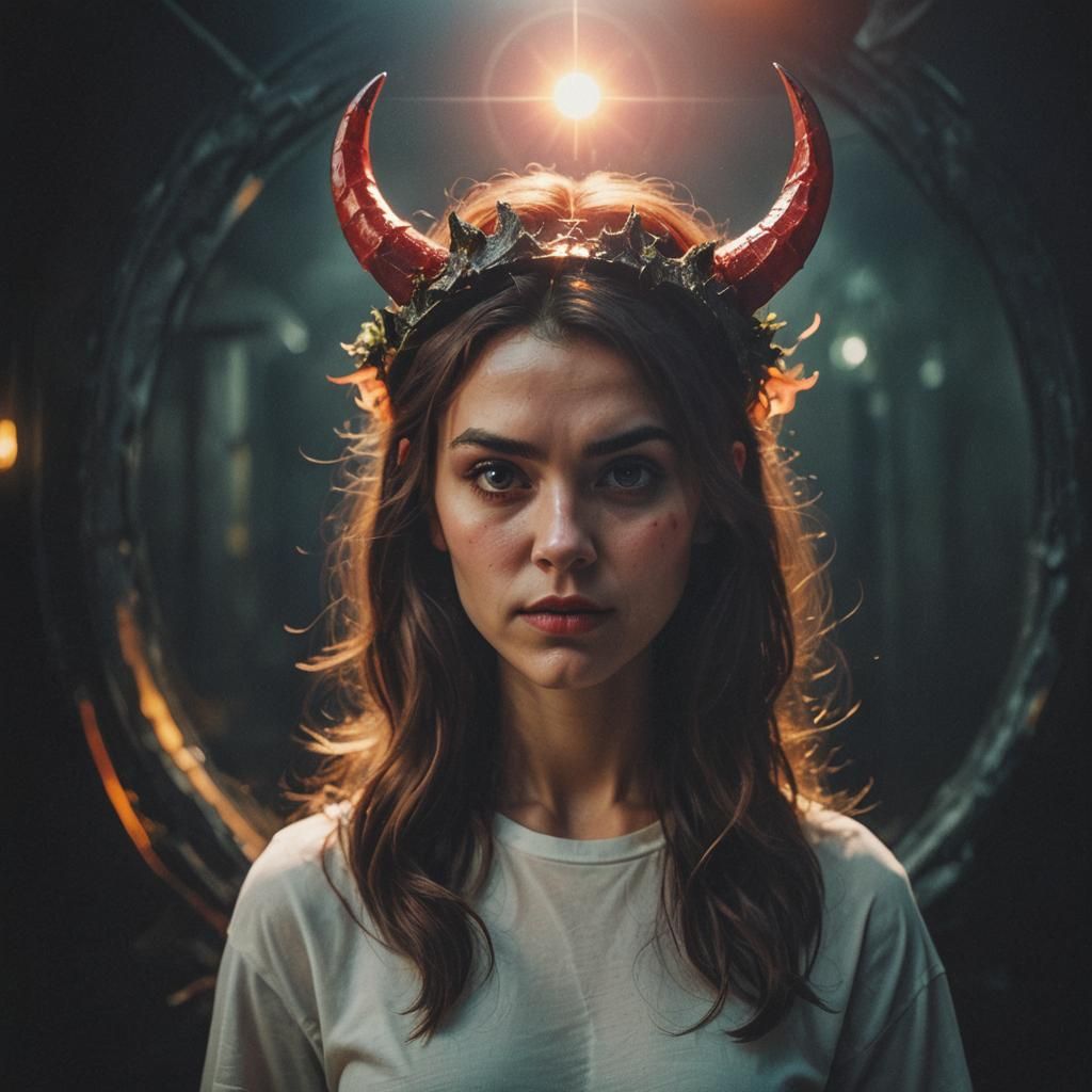 Girl with Devil Horns and Halo: Cinematic Film Still