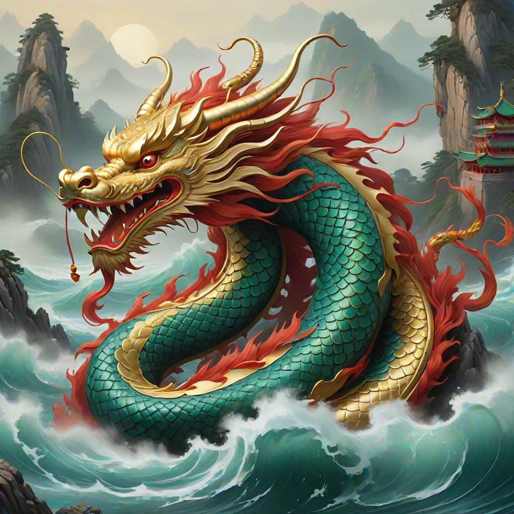 Ancient Chinese Dragon Soars Amid Ocean Waves in a Golden Mi...