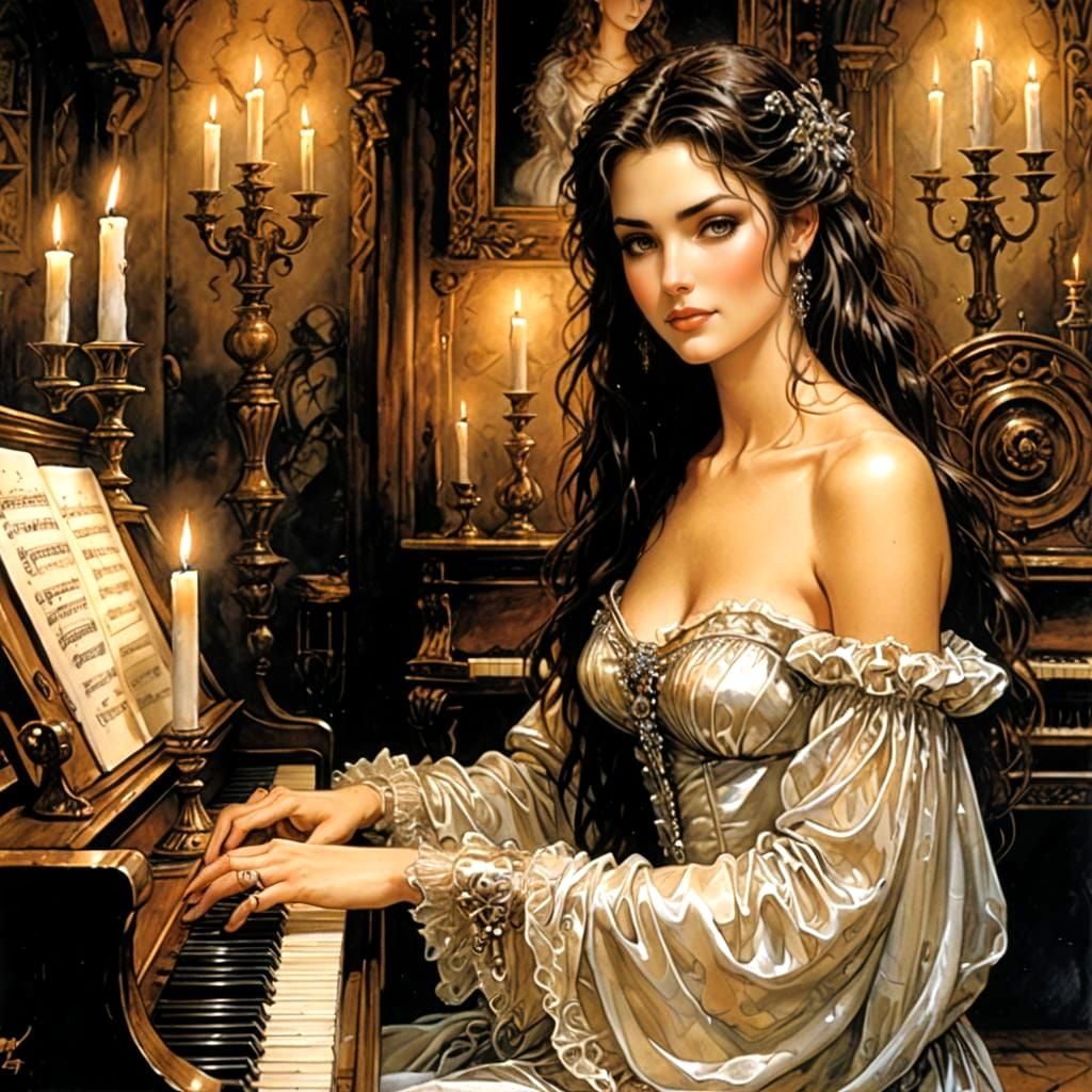 Fantasy Castle Piano Player: Ethereal Illustration