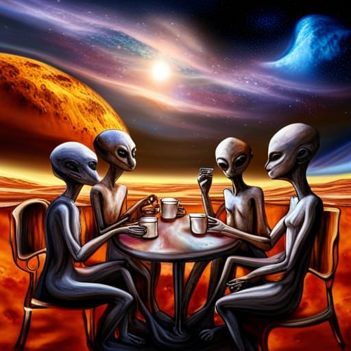 Aliens Enjoying Coffee on Saturn in Splash Art